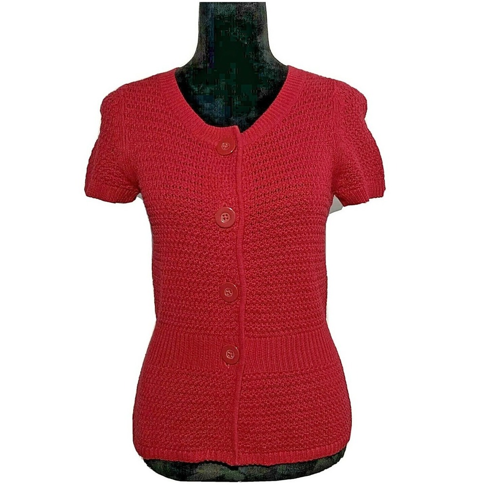 Ann‎ Taylor Cardigan XS Dark Red Linen Bl Short Sl Chunky Button Peplum Knit